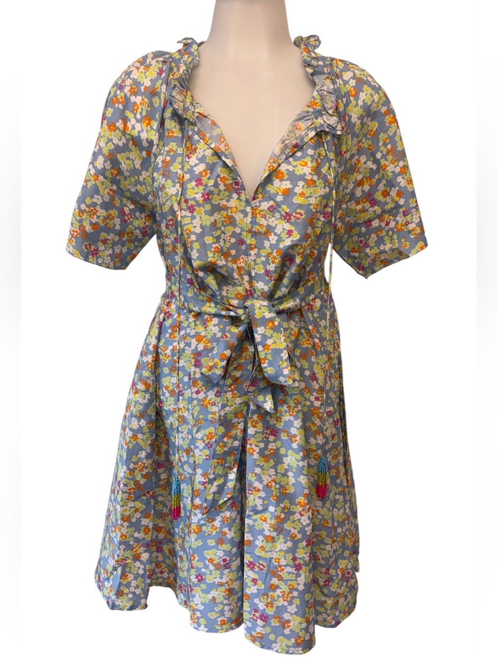 Roller Rabbit Marine Temmy Dress Blue Floral Flutter Sleeve Beaded Fringe S NWT